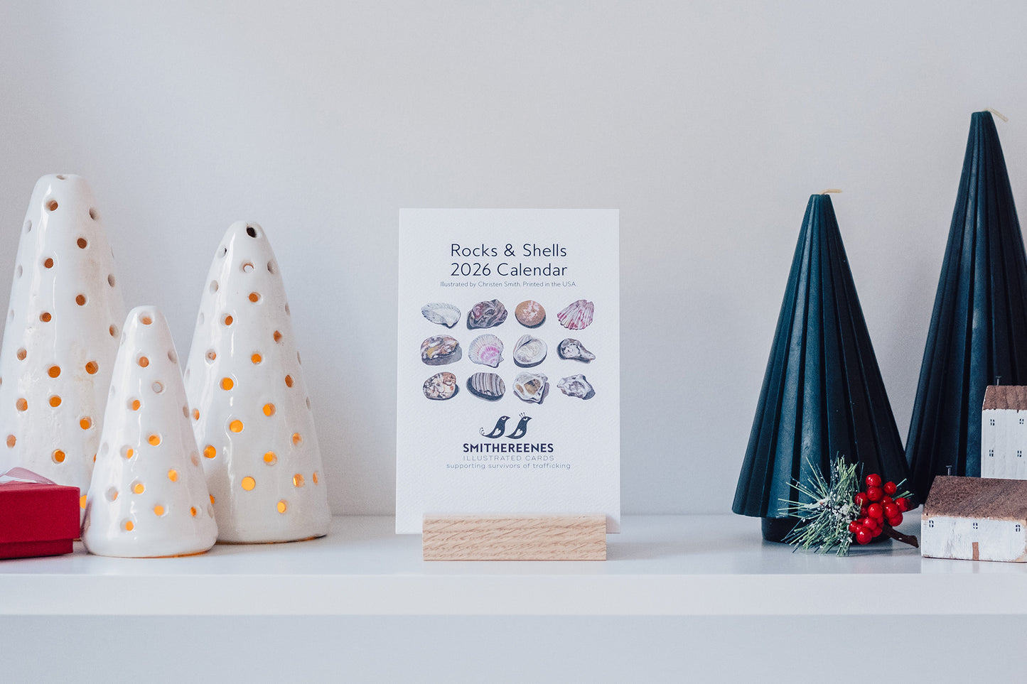 Rocks & Shells 2026 Monthly Desk Calendar with Wood Stand